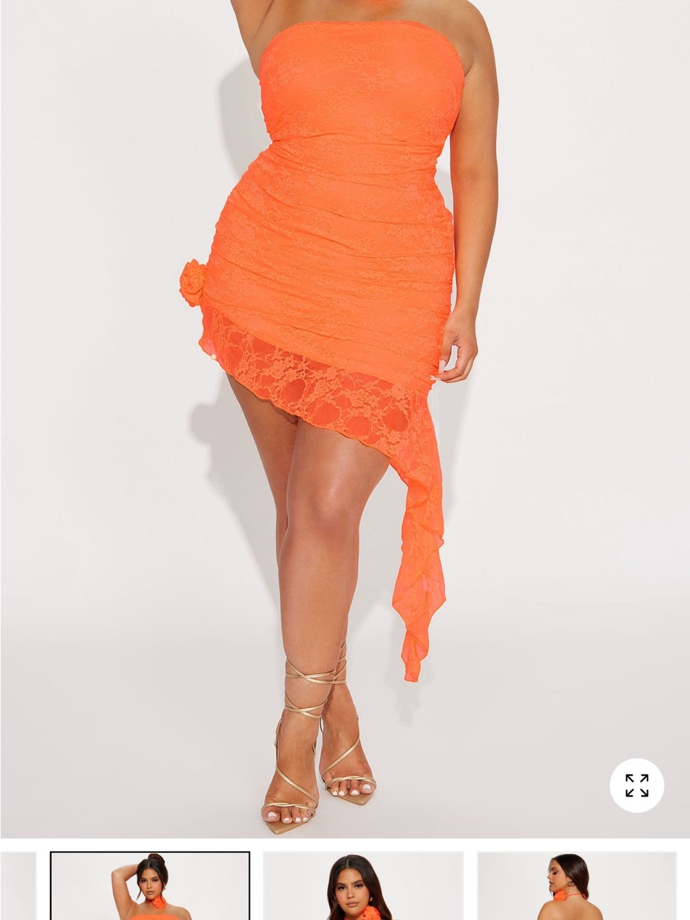 Strapless Asymmetric Lace Bodycon Dress - Neon Orange